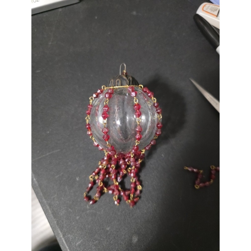 Vintage Ribbed Glass Ornament Red Beaded Wire Cage Fringe Tassel Victorian Style
